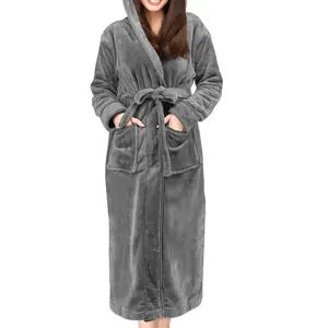 Womens Fleece Hooded Bathrobe Plush Long Spa Robe Soft Casual Pajamas All Seasons Loungewear Nightwear Basic