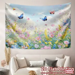 1pc 2D Flat, Spring Butterfly and Wildflower Meadow Banner - Polyester Fabric, No Power Needed, with Hanging Holes, Perfect for Anniversary, Cake Smash Photoshoots, and Room Decorations, Butterfly Decorations