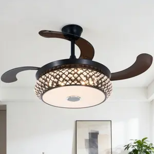 42 Inch Bluetooth Ceiling Fan with Retractable Blades 7 Light Colors Remote and APP Control Black Crystal Chandelier Light