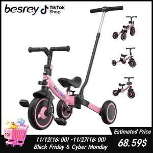 Besrey 7-in-1 Tricycle for Kids Pink Tricycle with Adjustable Handlebar & Removable Pedals for Children 1-5 Years Old Baby Car with Large Wheels - Bike