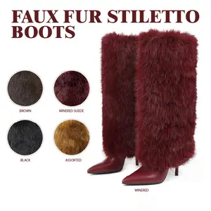 Womens Faux Fur Boots Winter Boots Knee High Boot Pointed Toe Stiletto High Heels Side Zipper Long Tall Wide Calf Pull On Comfy Christmas Party Elegant Nightclub Outdoor Fall Autumn Flurry Fuzzy Booties Fashion Shoes