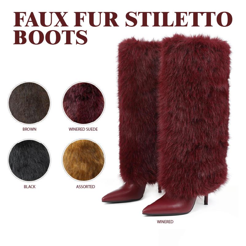 Womens Faux Fur Boots Winter Boots Knee High Boot Pointed Toe Stiletto High Heels Side Zipper Long Tall Wide Calf Pull On Comfy Christmas Party Elegant Nightclub Outdoor Fall Autumn Flurry Fuzzy Booties Fashion Shoes