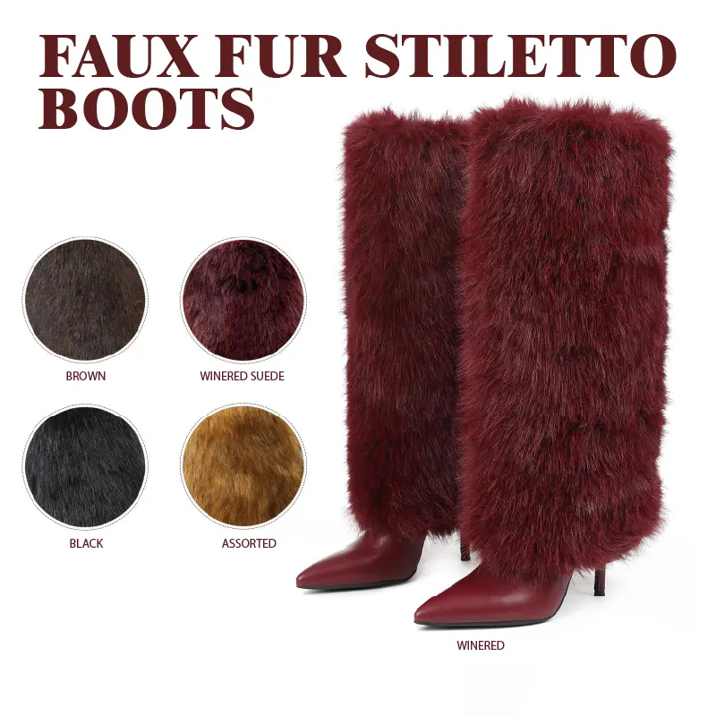 Womens Faux Fur Boots Winter Boots Knee High Boot Pointed Toe Stiletto High Heels Side Zipper Long Tall Wide Calf Pull On Comfy Christmas Party Elegant Nightclub Outdoor Fall Autumn Flurry Fuzzy Booties Fashion Shoes