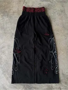 Double-Waistband Letter-Printed Distressed Casual Sweatpants-Y2K Retro Loose-Fit Long Pants