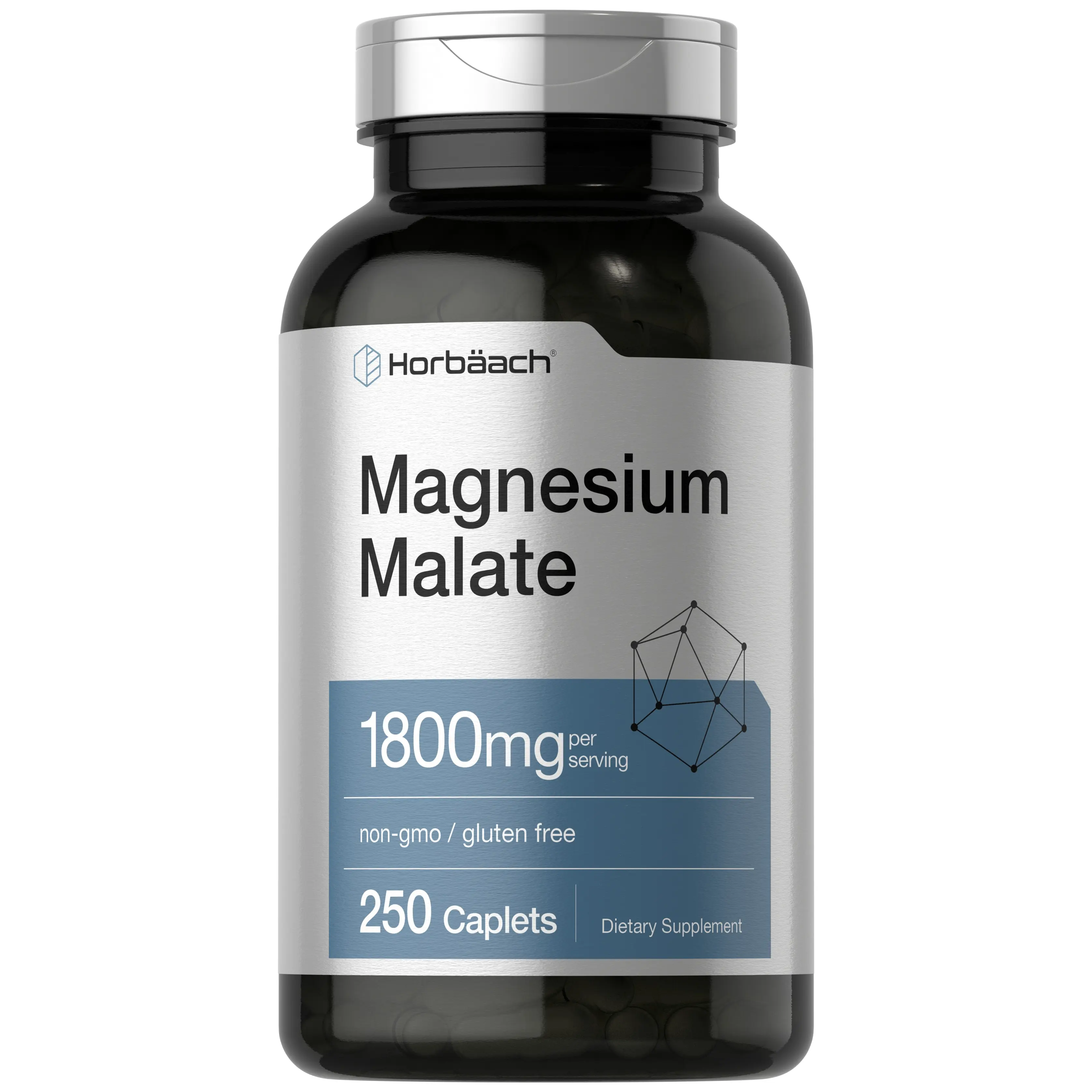 Horbäach Magnesium Malate 1800mg | 250 Coated Caplets | Vegetarian, Non-GMO, Gluten Free Supplement