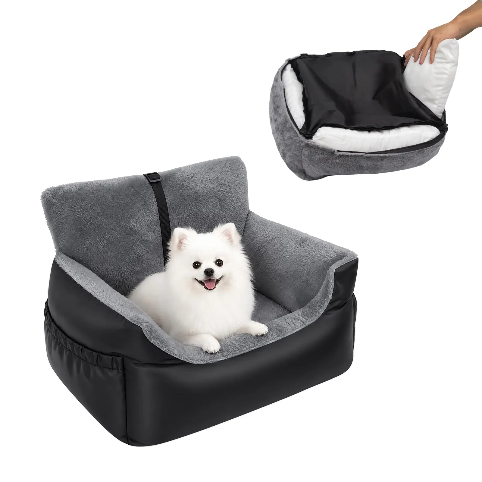 Pet Car Booster Seat for Small Dogs & Cats, Soft Washable Travel Car Bed for Pets Under 25lbs, Detachable Raised Car Seat with Storage Pockets & Adjustable Safety Strap, Black