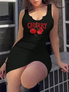 Women's Cherry Print V Neck Tank Dress, Casual Sleeveless Short Dress for Daily Wear, Ladies Clothes for All Seasons, Womenswear