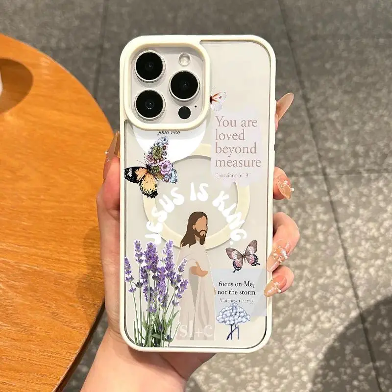 Premium Magnetic TPU Cellphone Cover Protector, MagSafe-Ready Shockproof Anti-Fall Accessory for iPhone 11/12/13/14/15/16 & Pro Max, Ultra-Thin Case with Butterfly, Lavender, Jesus, Faith Designs for Everyday Use, Accessories, Smartphone