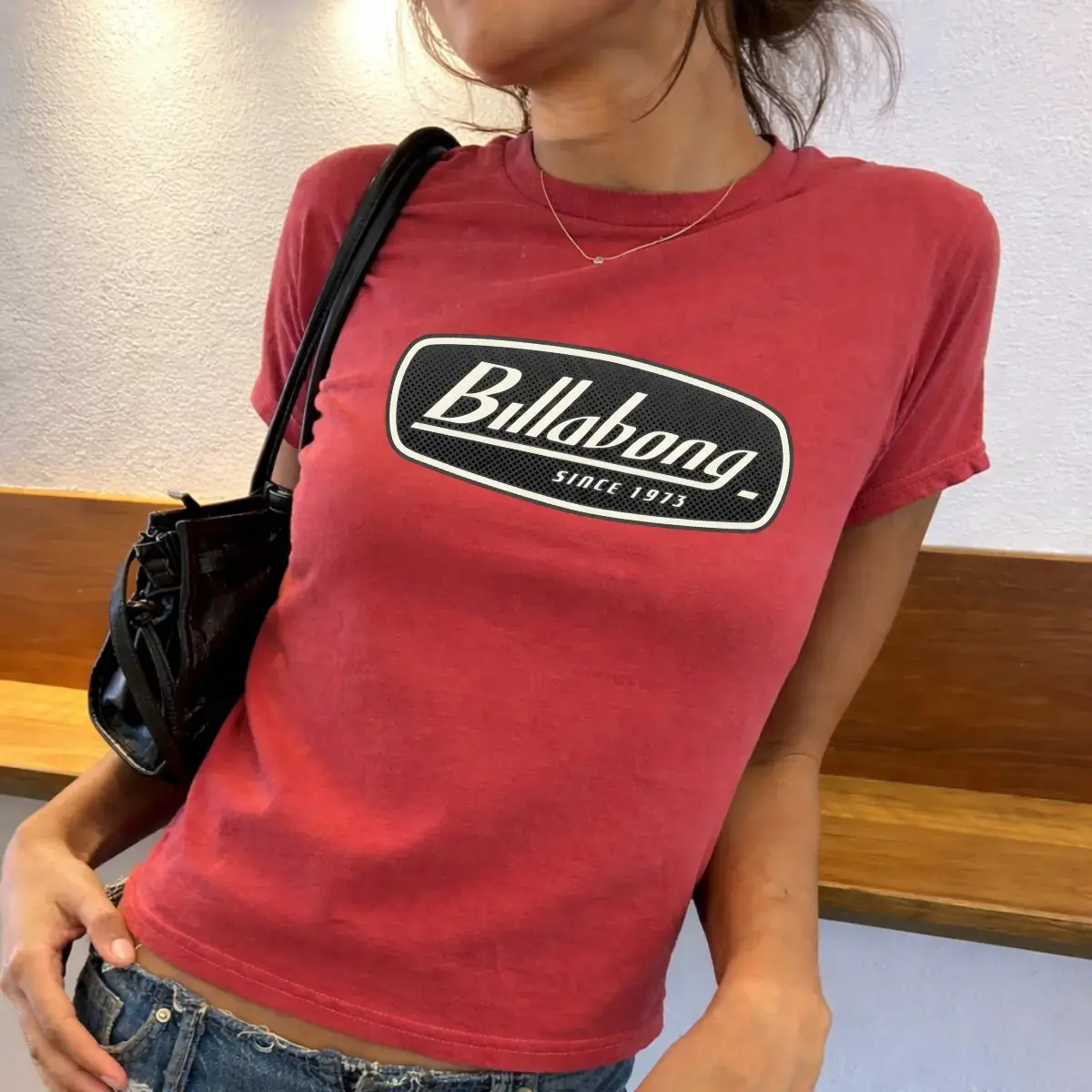 Vintage Surf Style Graphic Baby Tee, Billabong Baby Tee, Retro Coastal Beach Aesthetic Baby Tee, Classic Wave Logo Fitted Top, Y2K Casual Summer Tee