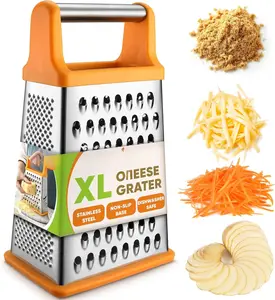 Handheld Stainless Steel XL Parmesan Cheese Grater with Handle - 4 Sided Manual Box Grater for Kitchen - Dishwasher Safe Cheese Shredder for Carrot, Potato, Vegetables, Hash Brown - Mango
