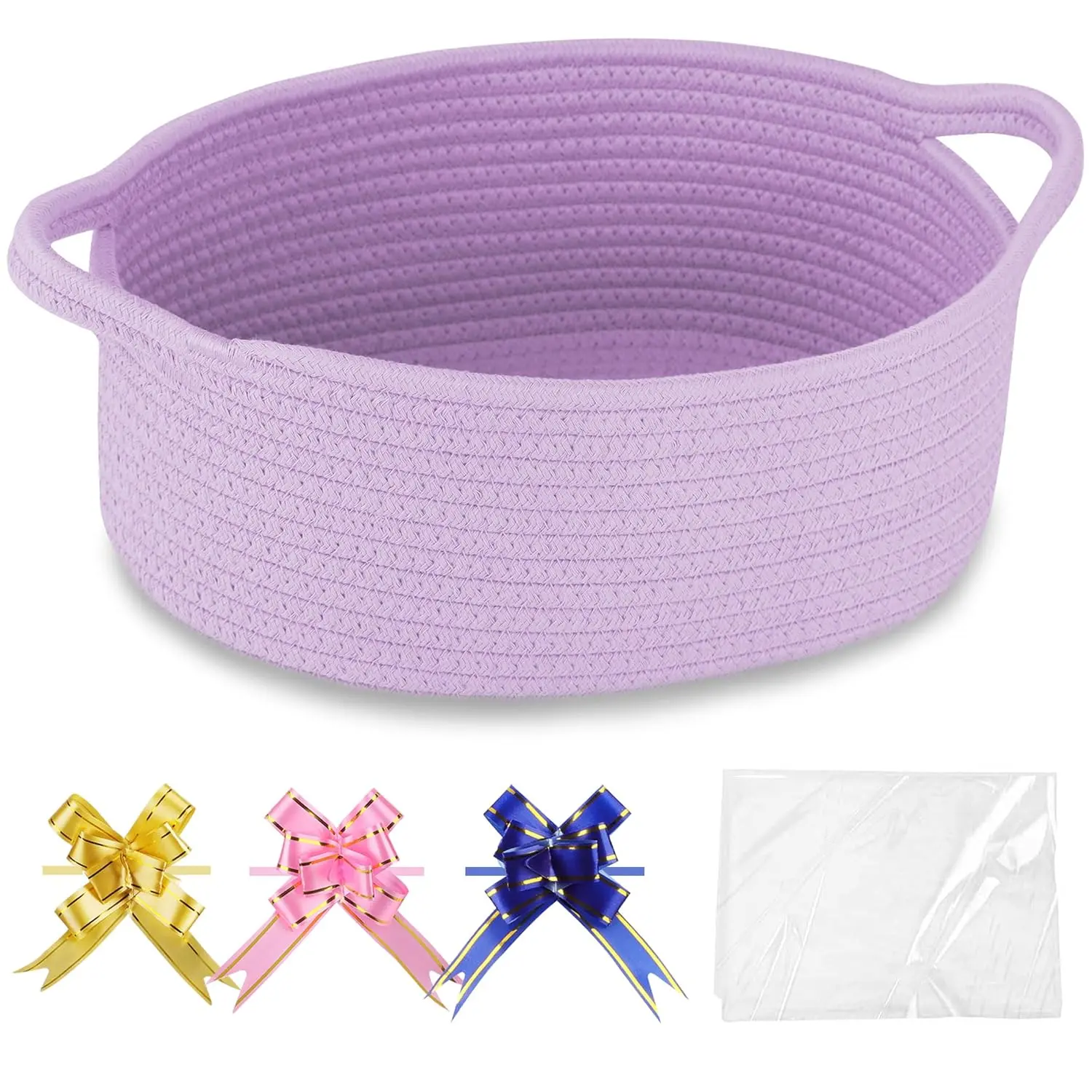 Purple Cotton Rope Woven Storage Basket - 12"x8"x5" Empty Gift Basket with Gift Bags, Ribbons, Handles, for Book, Shelf, Room Decor & Toy Organization