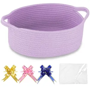 Small Woven Basket with Gift Bags and Ribbons, Gift Basket Empty, Cotton Rope Storage Organizer, Toy Box with Handles, 12" x 8" x 5", Purple