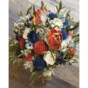 Rust and Navy Blue Wooden Bridal Flowers, Wedding Bouquet, Nature-Infused Home Decor Ornaments