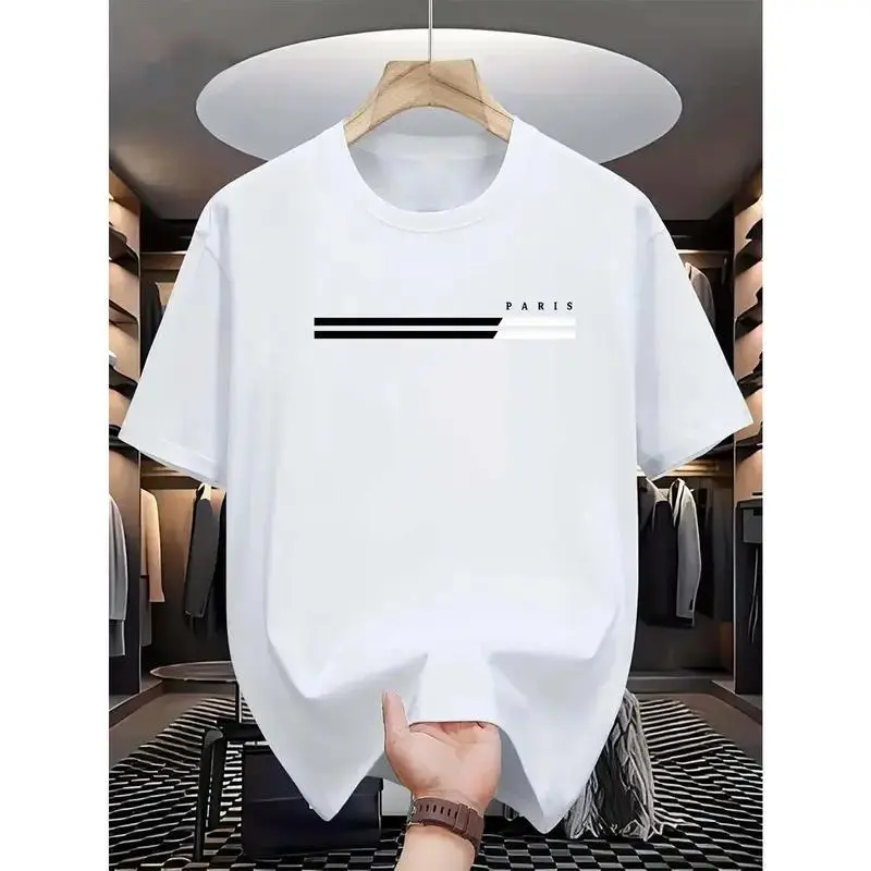 Cotton Short Sleeve T-Shirt Comfortable Summer Short-Sleeve Tee, Men's Casual Crew Neck T-Shirt with Paris Letter Print, 100% Polyester Knit Fabric, Slight Stretch, Fashionable & Versatile for Adults