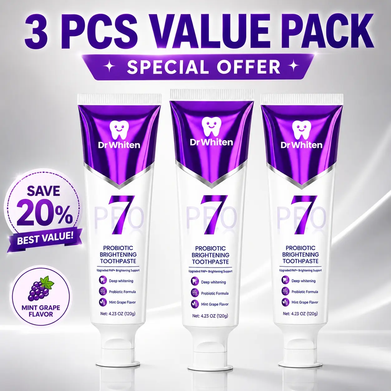 【3PC Value Pack】New 7-Pro Probiotic Purple Toothpaste | Fresh Breath & Color-Correcting Formula | Helps Balance Yellow Tones | Fluoride-Free | Mint Grape Flavor | 4.23 oz