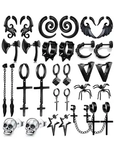 Punk Style Earrings Set for Women & Men, 15 Pairs Stainless Steel Gothic Design, Includes Cross, Axe, Wing, Skull Heads, Spider, Cross Dangle Earring