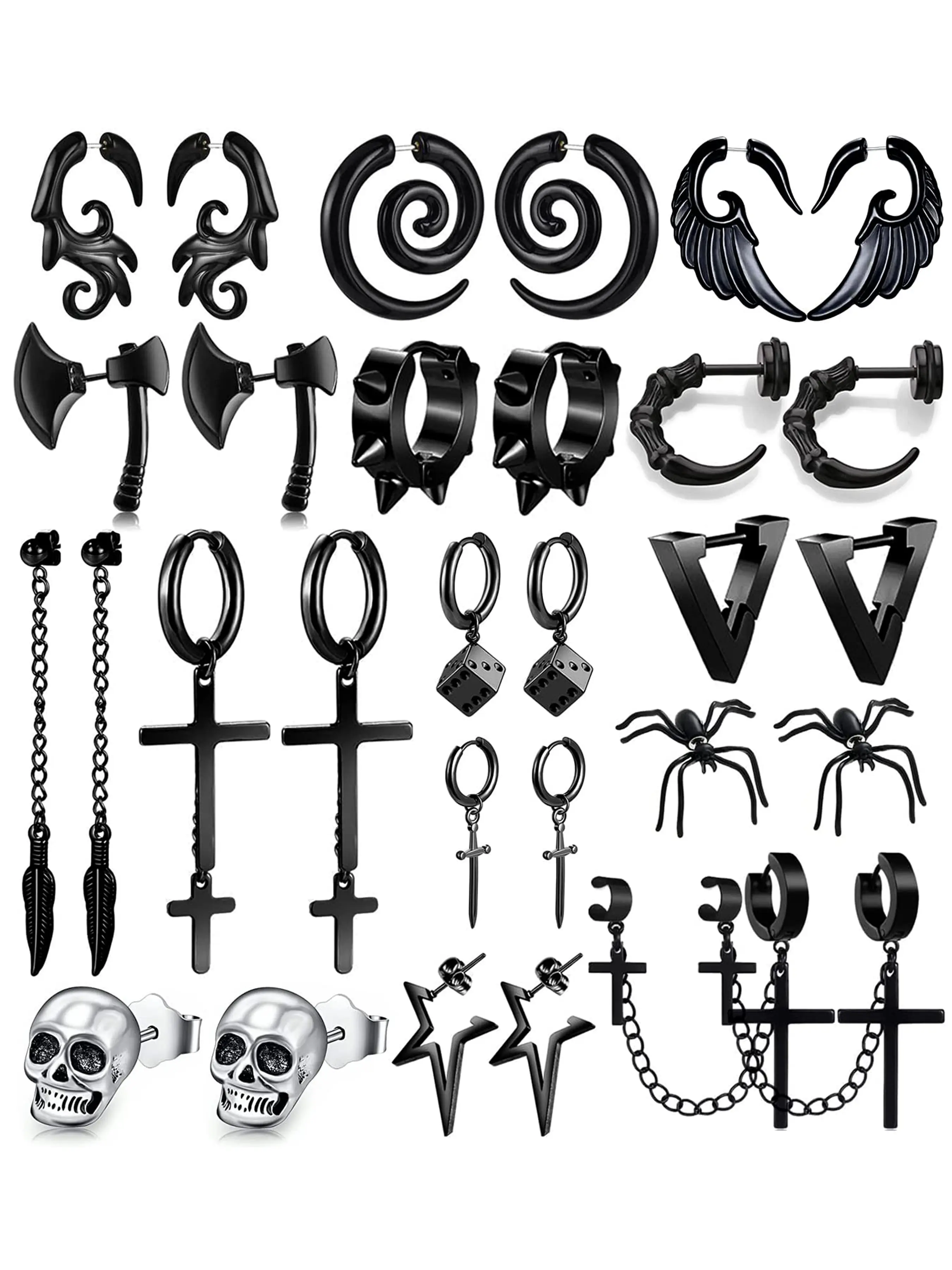 Punk Style Earrings Set Men Accessories for Women & Men, 15 Pairs Stainless Steel Gothic Design, Includes Cross, Axe, Wing, Skull Heads, Spider, Cross Dangle Earring