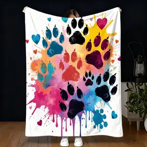 Dog Paw Print Flannel Throw Blanket, Soft and Comfortable, Suitable for Whole Family, Bedroom Bed Tail + Window Rest Blanket, Cozy Throw Blanket