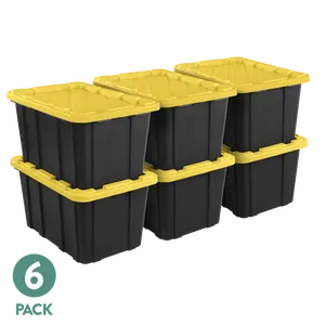 Sterilite Large Storage Bin, 27 Gallon Durable Plastic Storage Tote with Snap-On Lid, Black and Yellow, 6 Pack