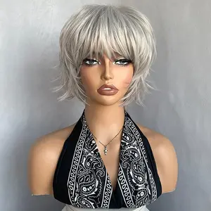 Pixie Wig for Women Grey Pixie Cut Wigs for Black Women White Women Short Synthetic Curly Wig with Bangs for Daily Life Use2026