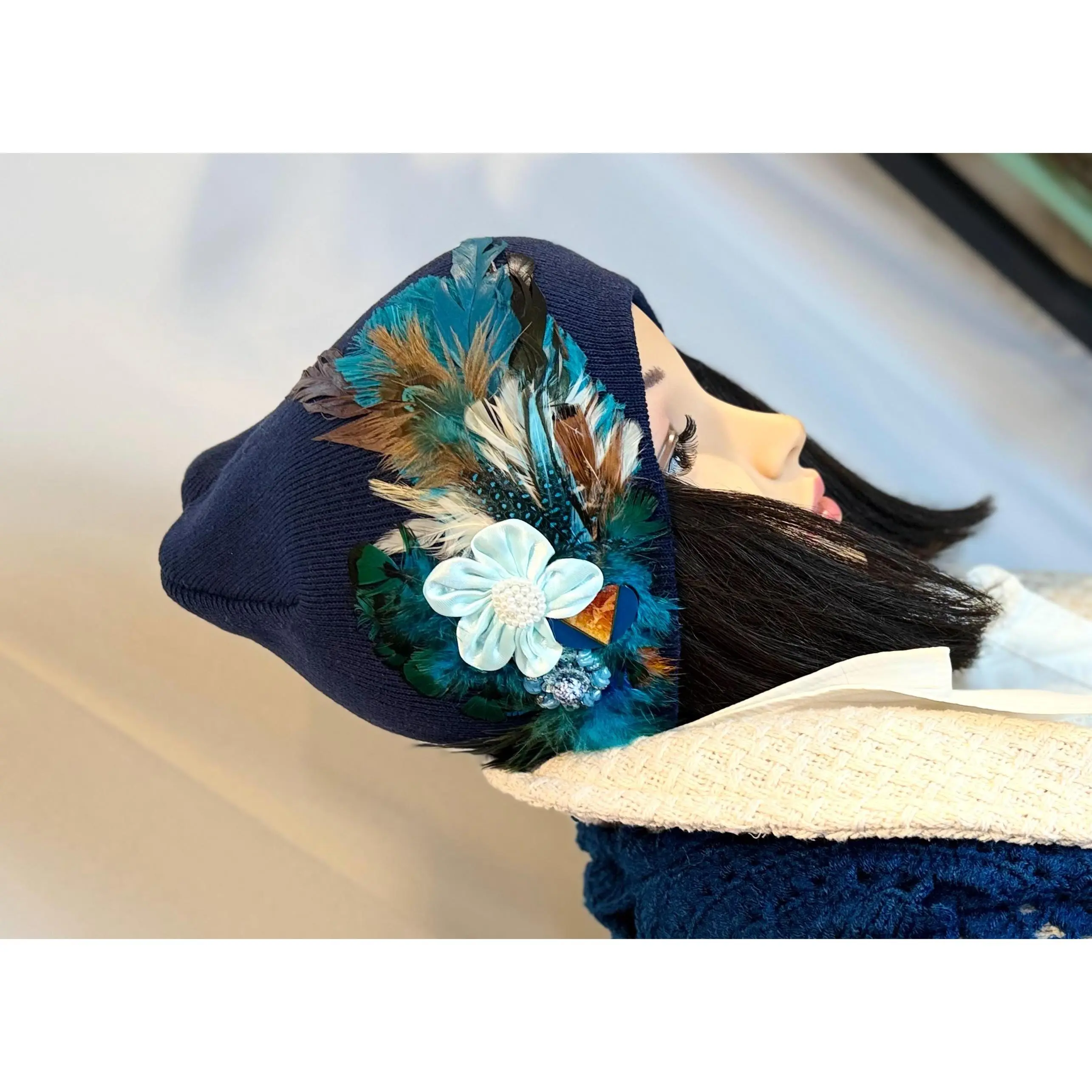 Fancy Feathered Jeweled Knit Hat - Vintage Floral Winter Flapper Beanie - Luxury Skiing Hat