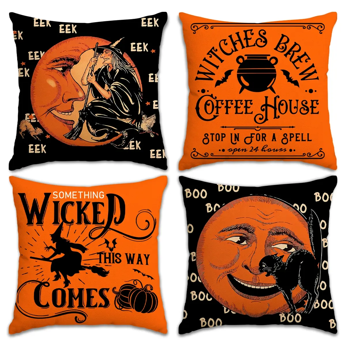 4pcs Halloween Pillow Cover, Cushion Covers, Witch Moon Black Cat Halloween Night Party Decoration Pillowcase, Bat Pumpkin Single sided Printed Pillow Cover, Decorative Cushion, Suitable for Bedroom, Living Room, Car Decoration Pillow Cover