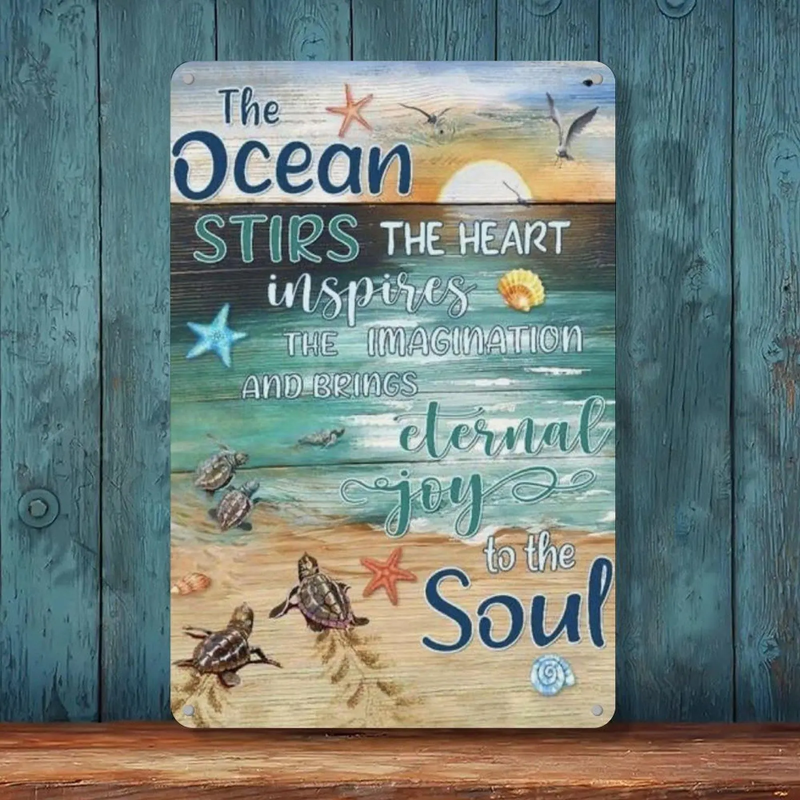 The Ocean Stirs The Heart Sea Turtle Starfish Beach Wooden Vintage Tin Sign 8x12in Coastal Nautical Wall Art Metal Tin Sign