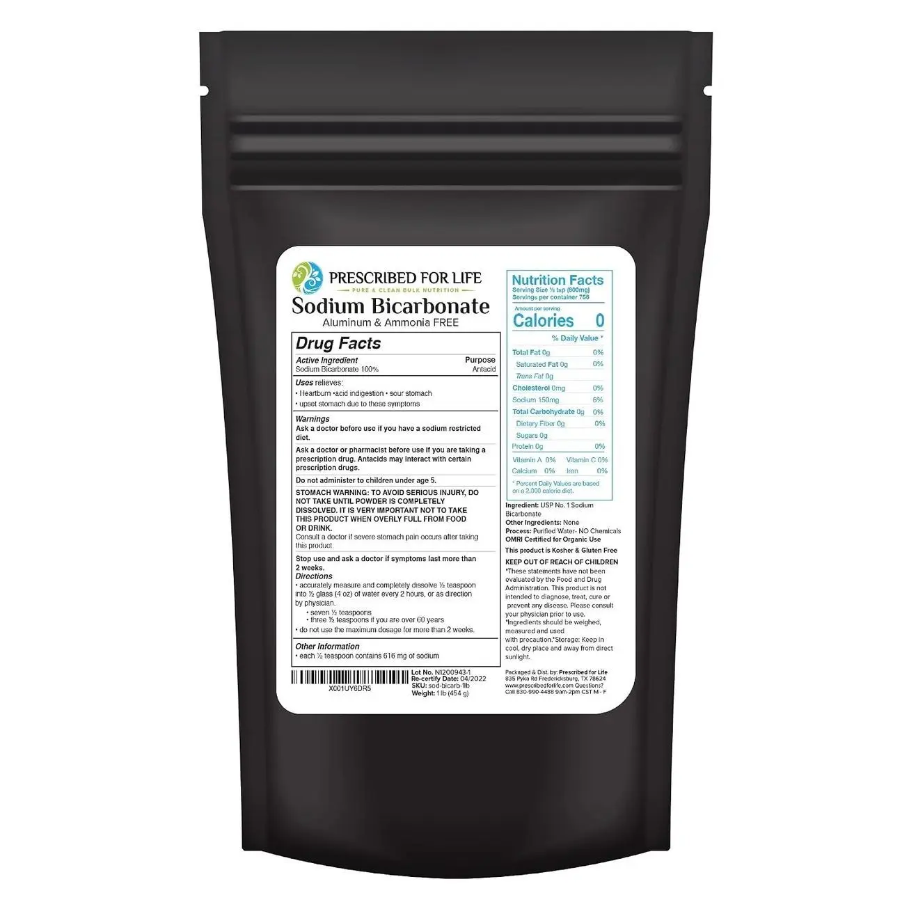 Prescribed For Life, Natural Sodium Bicarbonate (Baking Soda) Powder, 1 Lb Pouch