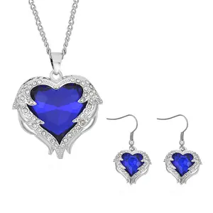 Glass,  Crystal Heart Pendant Necklace 24-26 Inches and Earrings in Silvertone