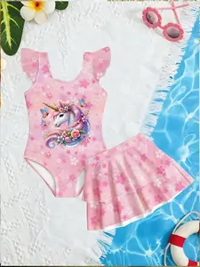 Girls' Sweet Sakura One-Piece Swimsuit, Flower Butterfly Unicorn Pattern, Beach Baby Swimwear Set, Two-Piece Summer Bathing Suit