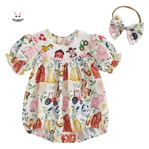 0-18M Girl 2Pcs Chicken Romper Set, Bubble Short Sleeve + Bow Headband Summer Loose Fit