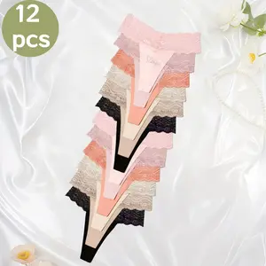 QQ Luxurious 12-Piece Women's Lace Thong Collection - Assorted Elegant Hues with High-Detail Floral Lace Craftsmanship, Buttery-Soft Low-Rise Fit, Perfect for Elevating Everyday Lingerie & Self-Pampering Moments