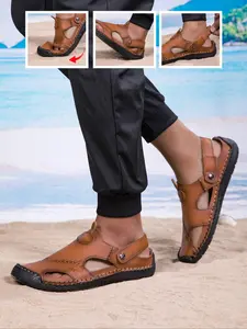 Men's Sporty Hollow Out Design Slippers, Casual Breathable Comfortable Slippers for Beach Vacation, Fashionable Slippers for Indoor & Outdoor Wear, Soft Bottom Sandals