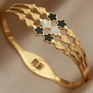 Stainless Steel Metal Multilayer Flower Open Bangles & Bracelets for Women - Classic Bangles Accessory in Gold Finish