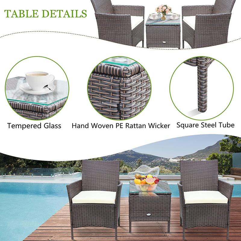 HOMALL 3 Pieces Outdoor Patio Furniture PE Rattan Wicker Table and Chairs Set Bar Set with Cushioned Tempered Glass