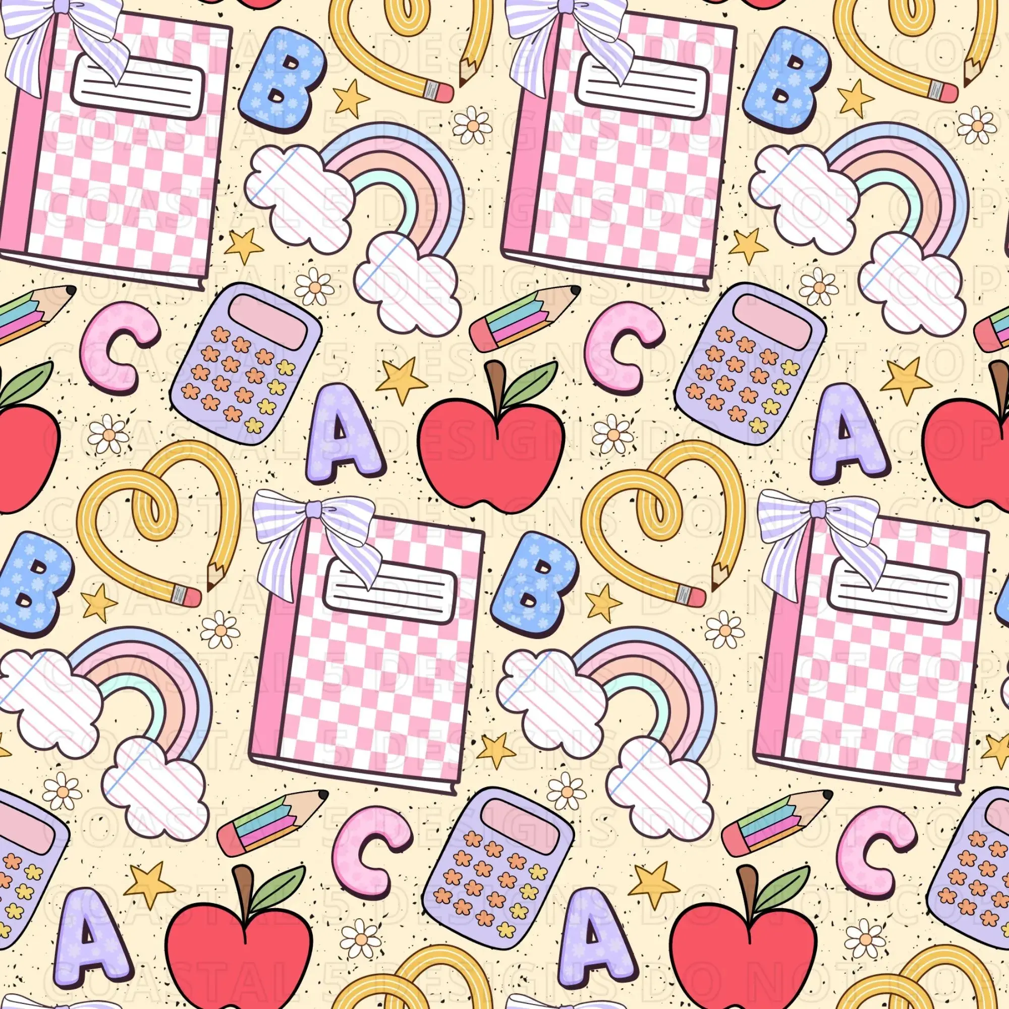 School Seamless Pattern for Fabric Sublimation | Girly Coquette Bow Preppy Books Seamless Paper Repeat Wallpaper, notebook wrapping paper, book wrapping paper, gift wrapping paper