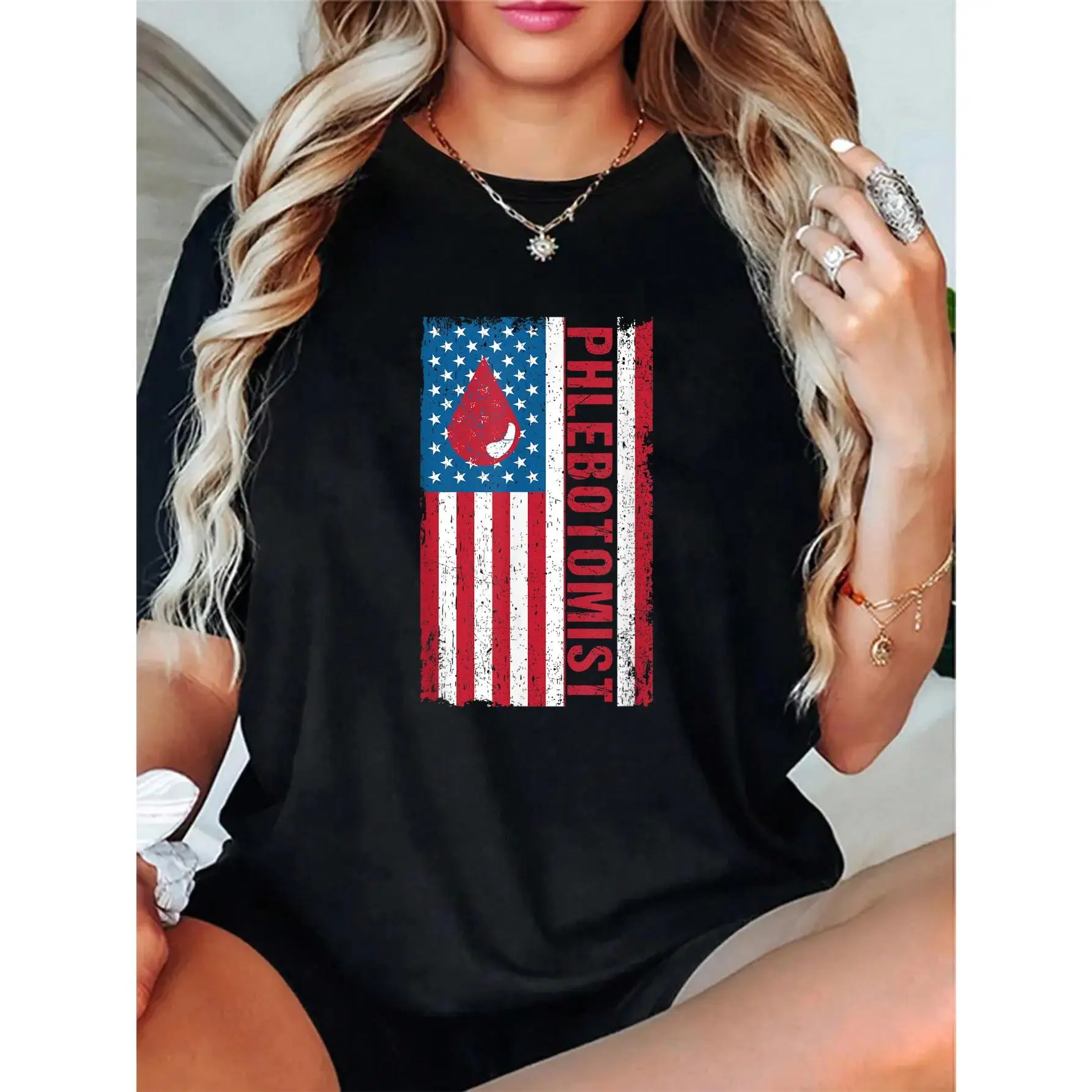 100% Cotton Unisex American Flag Blood Donor Blood Drops Donor Gift T-Shirt for Women Men– Cute & Comfy, Casual Everyday Look, Perfect for Her