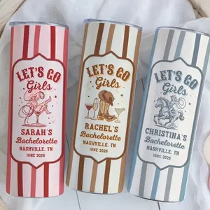 BojjiCo Let's Go Girls Cowgirl Bachelorette Insulated Reusable Stainless Steel Skinny Tumbler Cup with Lid, Customized Water Bottle for Women, Retro Western Nashville Country Aesthetic Brown Striped Drinkware, Wedding Party Favor