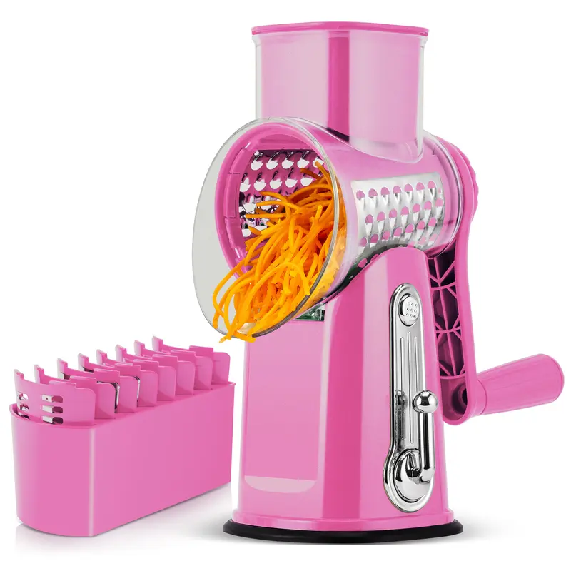 SUSTEAS Hand Crank Rotary Cheese Grater - Kitchen Utensil with 5 Blades Set, Smooth Veg/Fruit Slicer Dicer, Potato Spiral Grater, Strong Suction Cup Base, Blade Storage Box, Removable Easy-Clean Parts, No-Power Home Cooking Wavy Cutter Tool