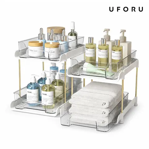 UFORU 2-Layer PVC Plastic Under-Cabinet Storage Rack - 1-Piece Stackable Organizer with Adjustable Dividers, Pull-Out Drawer for Kitchen, Bedroom, Balcony Skin Care, Vanity Storage Organization Solution