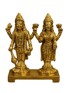Brass Vishnu Lakshmi Idol Statue for Puja & Home Decor, Spiritual Symbol God Murti, Hinduism Pooja Item Religious Ornament, Ideal Gift for Indian Friends & Relatives
