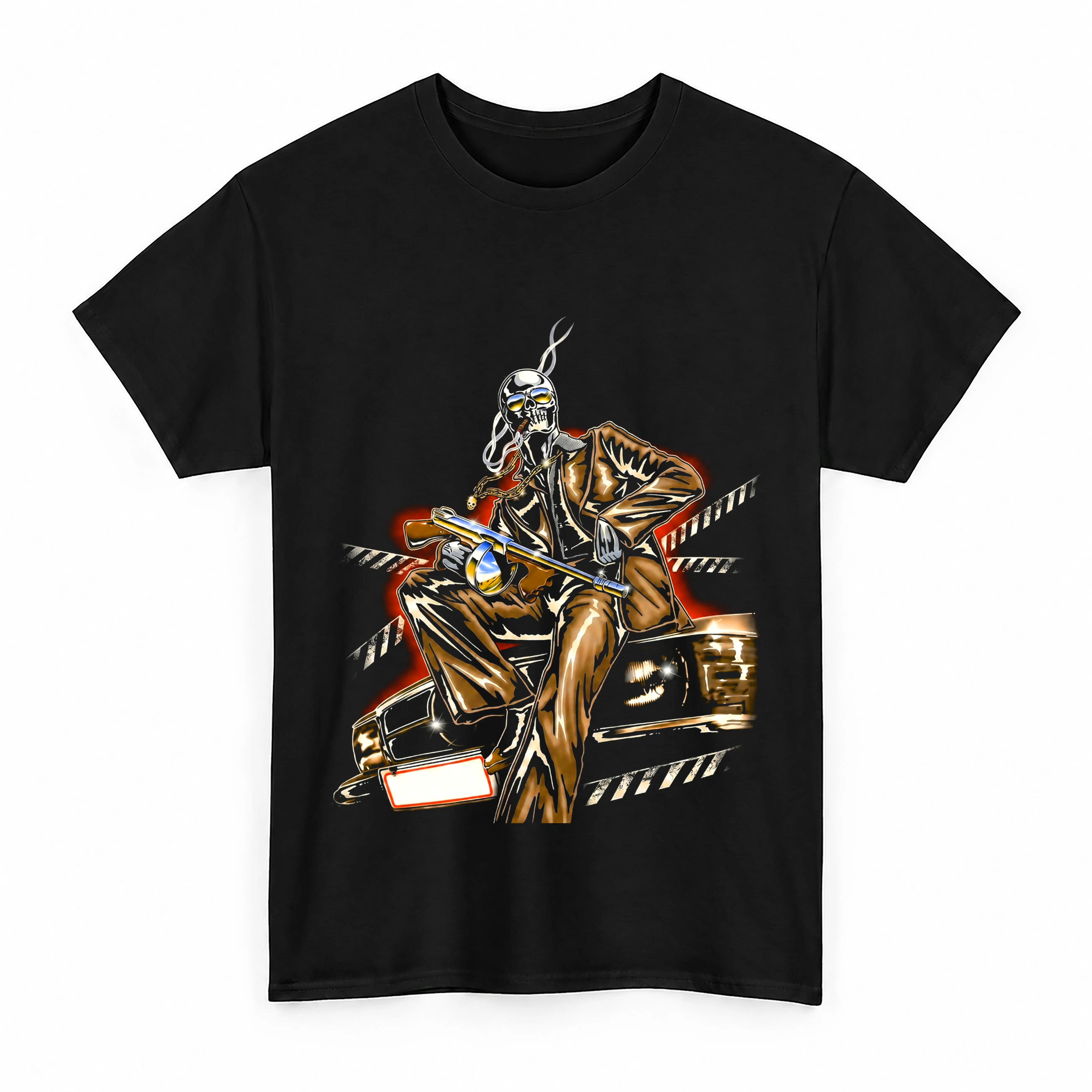 Men's Short-Sleeve Cotton Fabric Casual Classic Mobster Skeleton with Tommy Gun Graphic Tee - Retro Mafia Vintage Black Hip Hop Streetwear Top for Back to School