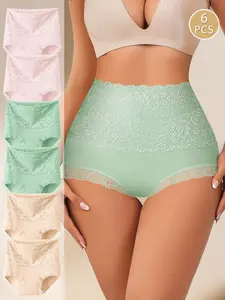 QUASTI 6pcs Women's High Waisted Briefs, Raise Buttocks & Tighten Abdomen Lace Style High stretch Underwear Fashionable Style Suitable For Daily Life The Birthday Gift For Girl Size S-XXL