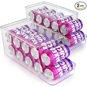 Stackable Soda Can Dispenser with Lids – Clear Plastic Drink Organizer Bins for Fridge, Pantry, Freezer, Kitchen (Set of 2)