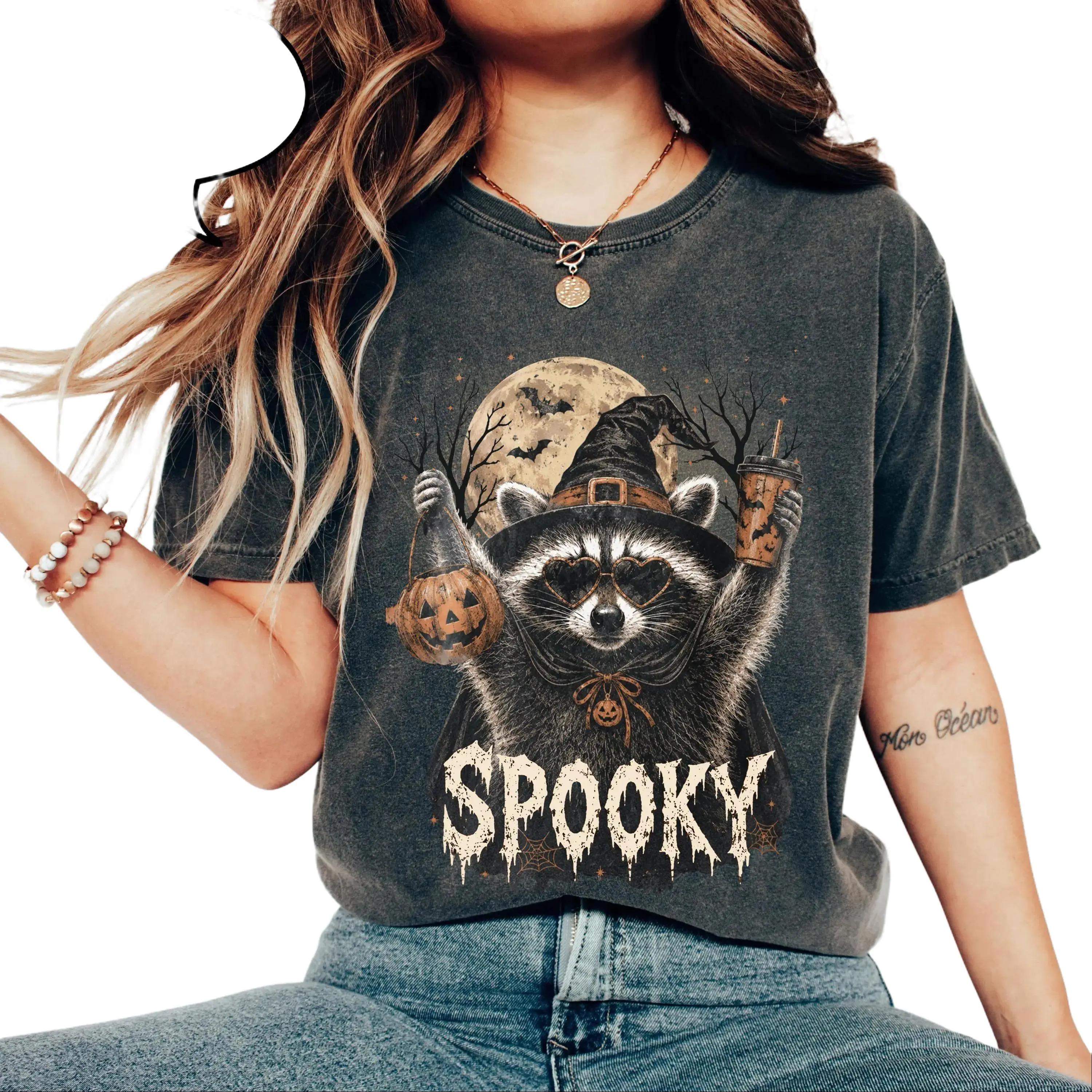 Comfort Colors Spooky Raccoon Halloween Shirt 2026  Funny Witch Raccoon Iced Coffee Tee, Retro Pepper Fall Graphic Shirt, Vintage Full Moon Spooky Season Tee, Halloween Costume Shirt, Funny Gift for Her