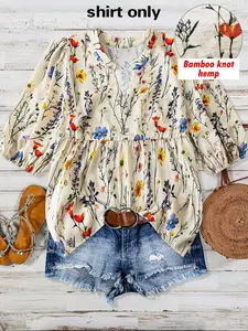 Women's Floral Print Curved Hem Blouse, Boho Casual Short Sleeve Top for Summer, Women's Clothing for Daily Wear