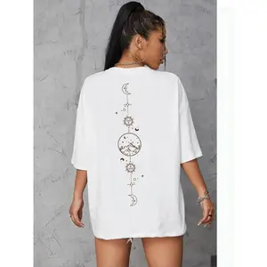 Women's Moon & Sun Print Drop Shoulder Tee, Summer Clothes Women, Casual Half Sleeve Round Neck T-shirt for Summer, Lady's Top for Daily Wear, Streetwear