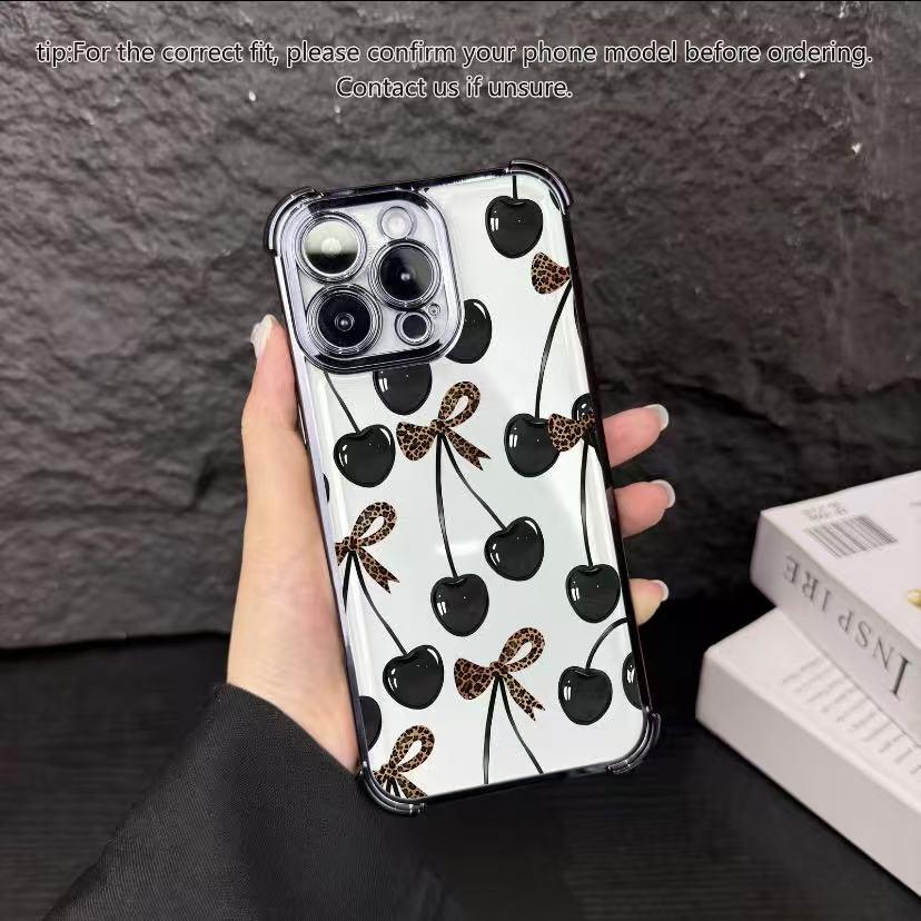 Elegant cherry pattern phone case, four corner airbag anti drop protection, anti yellowing electroplating ultra-thin TPU material, suitable for iPhone 17Pro Max Air 16 15 Plus 14 13 12 11 XR XS and Samsung Galaxy S25 S24 S23 S22 phone cases. A17