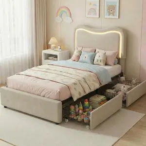 Garvee Boucle Bed Frame, Upholstered Bed Frame Twin Size with Headboard, Soft Cloud Bed with Thickened Footboard, Rounded Corners, No Box Spring Needed, Easy Assembly, Grey