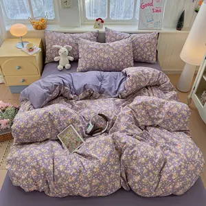 4pcs Cotton Washed Rose Print Bedding Set, Decorative Bedding Set, Decorative Bedsheet Sets, Soft breathable, machine washable, ideal for bedrooms, guest rooms, Includes 1 duvet cover + 1 flat sheet + 2 pillowcases (no core)